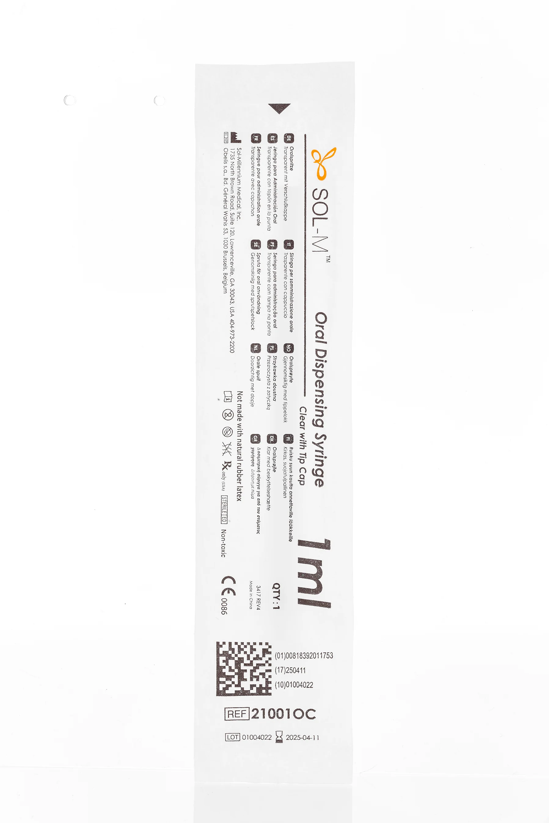 10ml SOL-M™ Oral Syringe w/ Tip Cap, Clear Barrel, White Plunger - Box 100 - Image 2