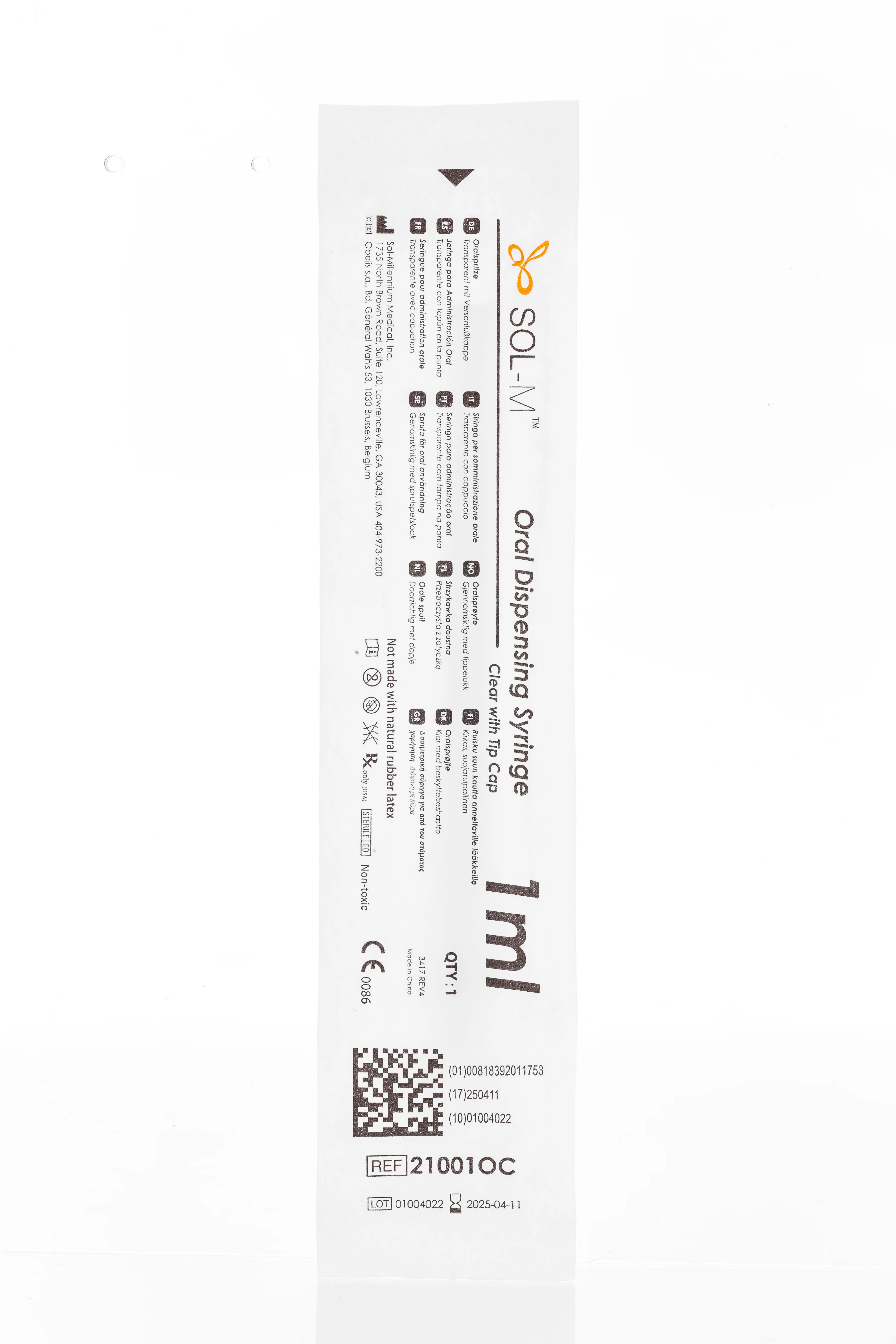 1ml SOL-M™ Oral Syringe w/ Tip Cap, Clear Barrel, White Plunger - Box 100 - Image 2