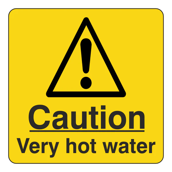 Caution Very Hot Water Sticker Sign- CLEARANCE