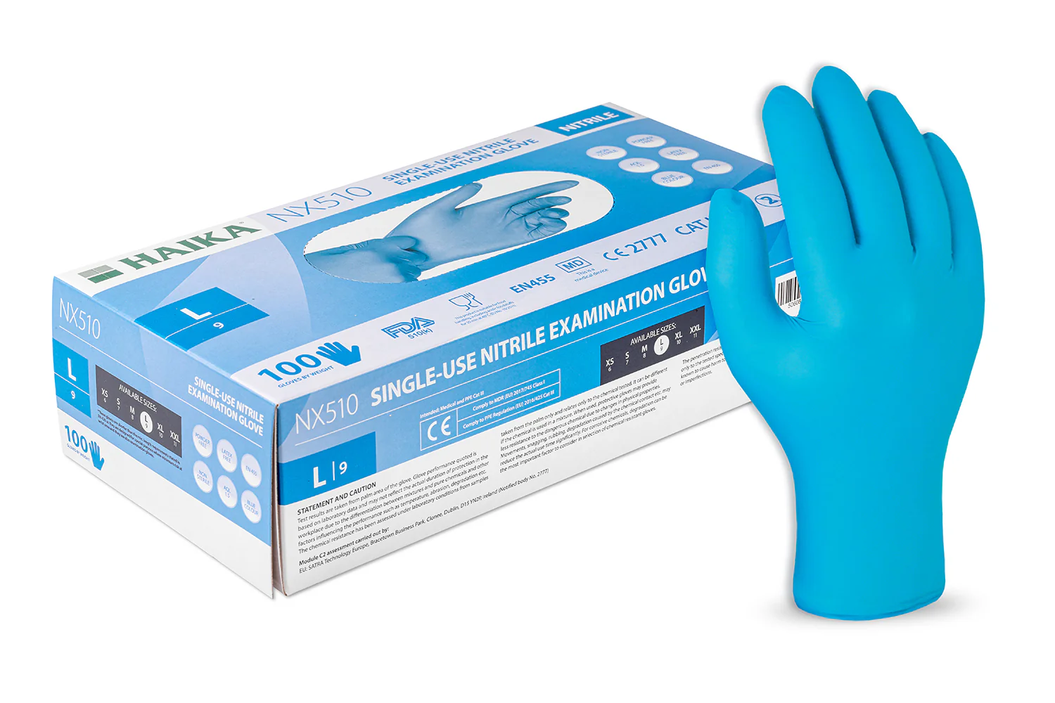 Haika NX510 Blue Nitrile Examination Gloves- Box of 100 Gloves - Medium