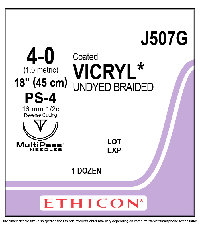 Ethicon Suture 4-0 COATED VICRYL - UNDYED 18" - PS-4 - Box of 12