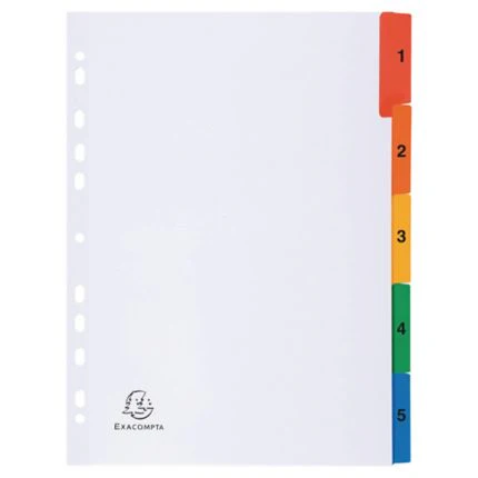 Exacompta White Card Printed A4 Indices, Mylar Tabs 5 Part (1-5) Coloured