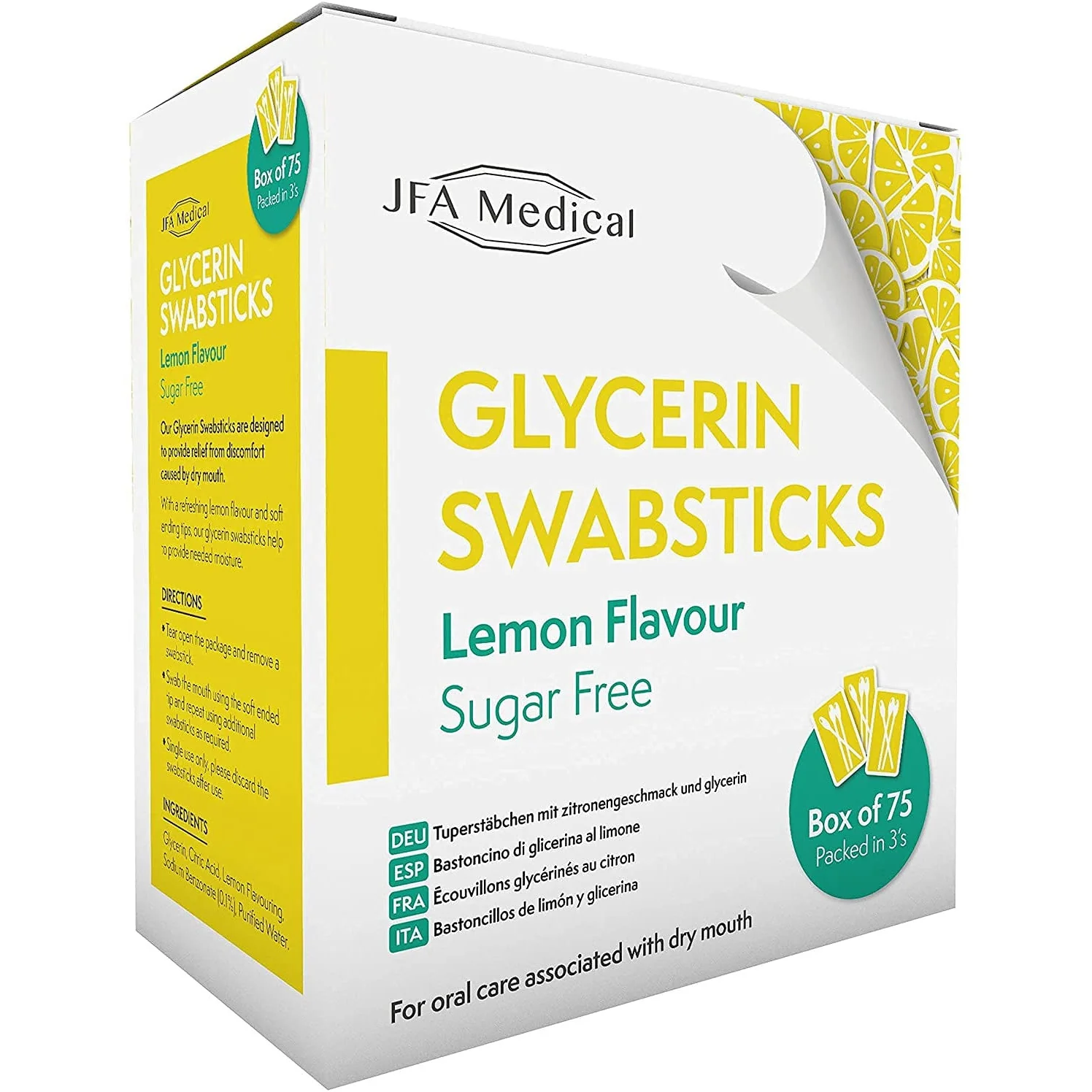 JFA MEdical Glycerin Swabsticks, Lemon Flavour, Sugar Free, Box of 75