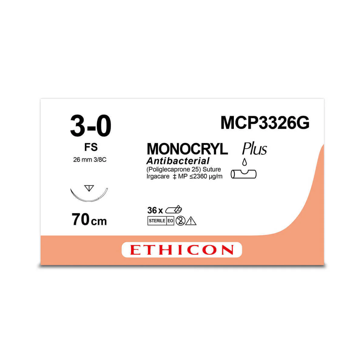 MONOCRYL PLUS Sutures, monofilament, undyed, 3-0, 70cm, Reverse Cutting, 26mm, 3/8C - Box 12