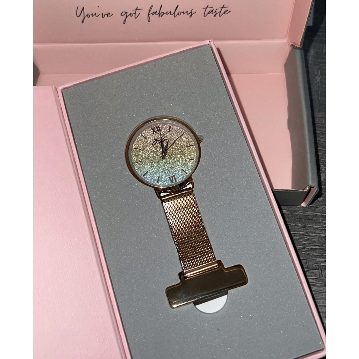 Annie Apple Nurses Fob Watch - Aurora - Glitter Rainbow/Rose Gold - Mesh - 35mm - Image 3