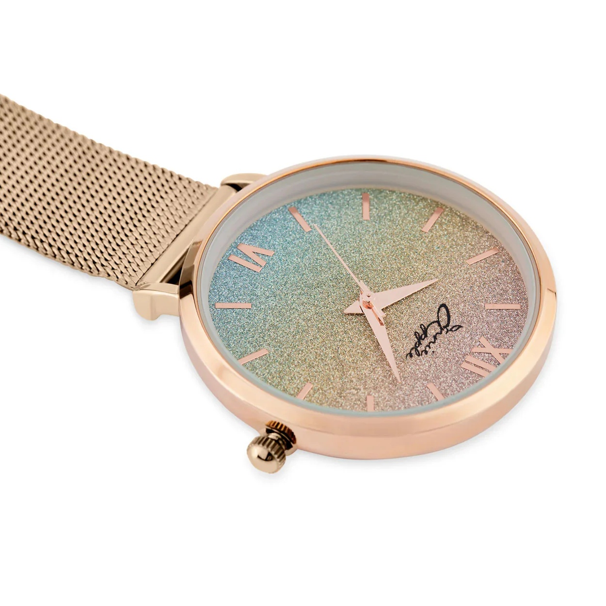 Annie Apple Nurses Fob Watch - Aurora - Glitter Rainbow/Rose Gold - Mesh - 35mm - Image 4