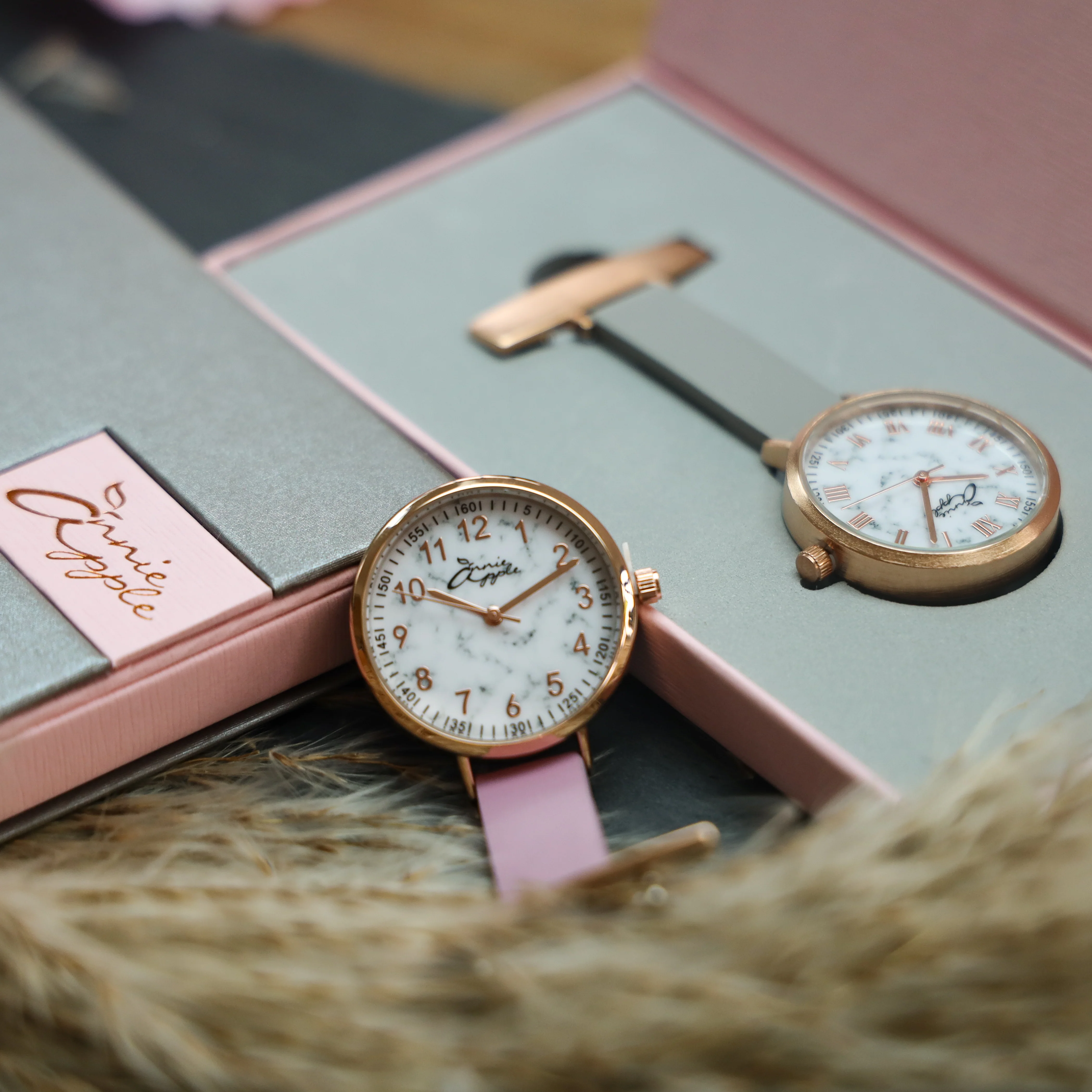 Annie Apple Nurses Fob Watch - Meraki - Pearl/Rose Gold/Pink - Leather - 35mm - Image 2