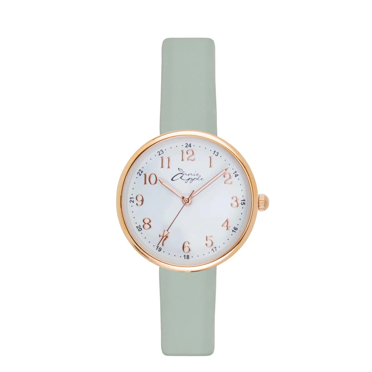 Annie Apple Nurses Fob Watch - Venus - Rose Gold Mesh - Sage Leather - 35mm - Image 4