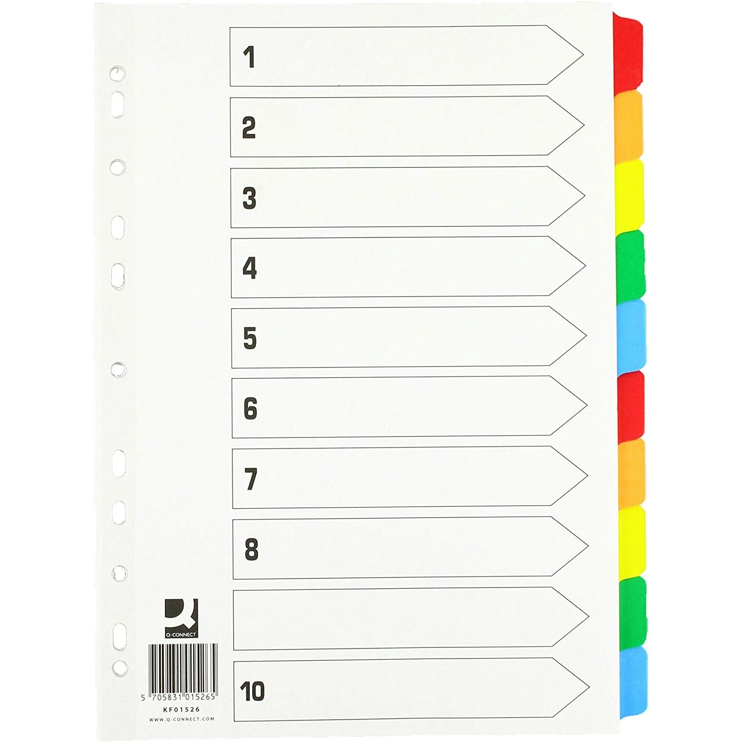 Q-Connect Index A4 Multi-Punched 10-Part Reinforced Multi-Colour Blank Tabs