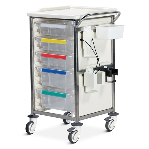 Single Column Phlebotomy Stainless Steel Trolley 3 x 100mm, 2 x 150mm Trays