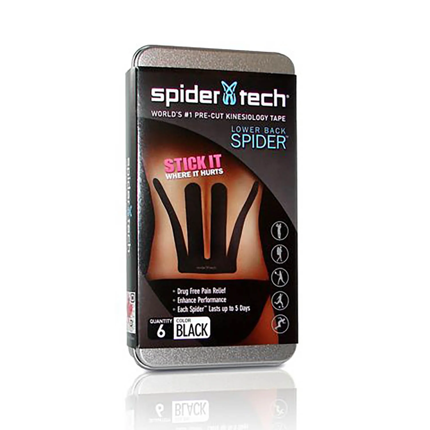 Spidertech Precut Kinesio Tape Lower Back 6 Pack Black