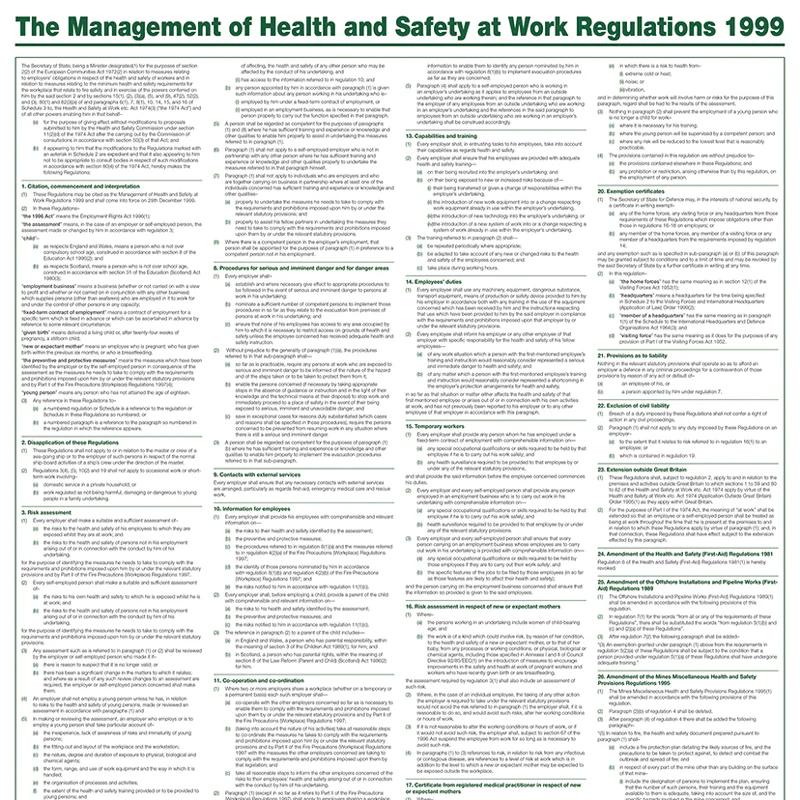 The Management of Health & Safety at Work Regulation Poster, A1