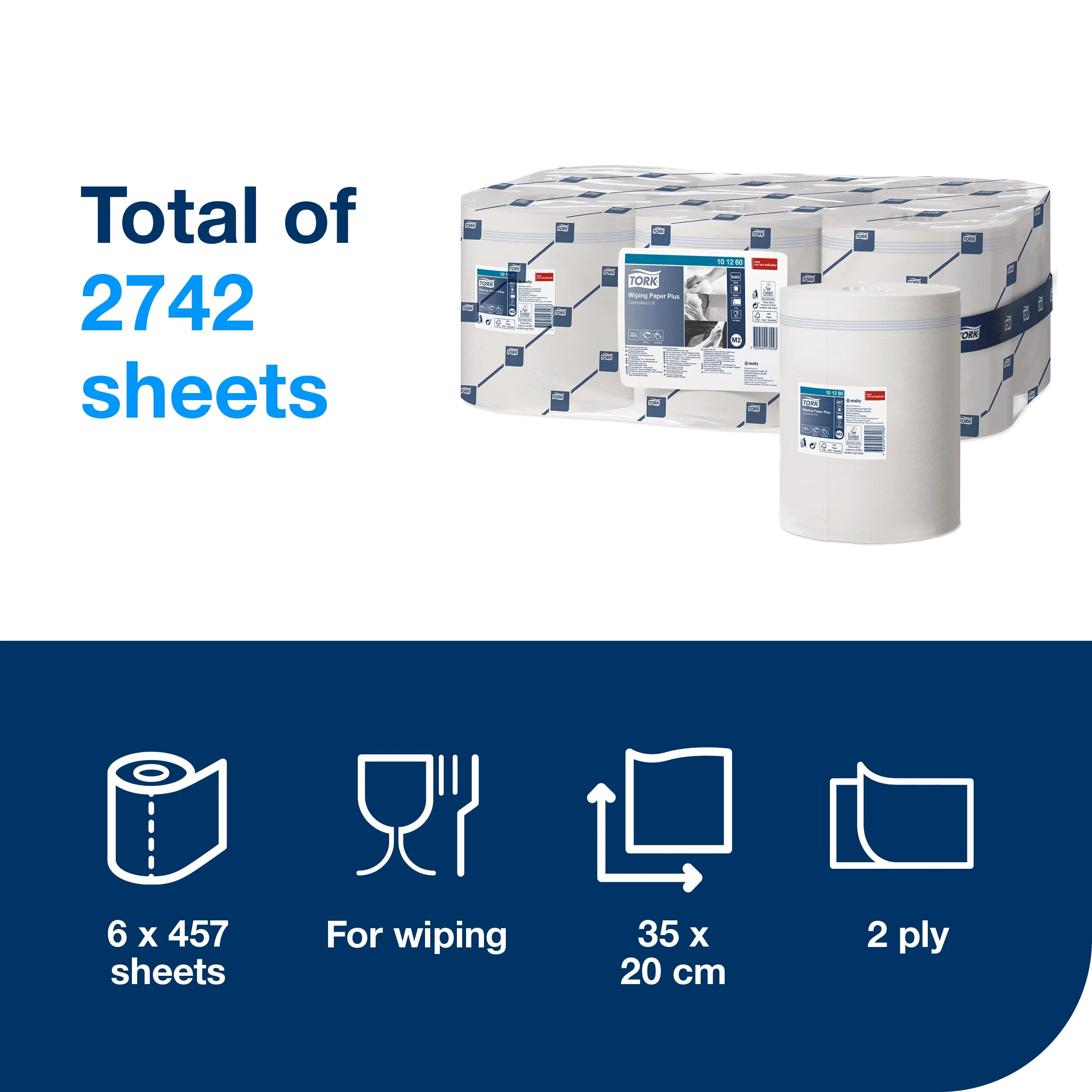 Tork Centrefeed Wiping Paper Plus White M2, Absorbent, 6 x 457 Sheets, 101260 - Image 4