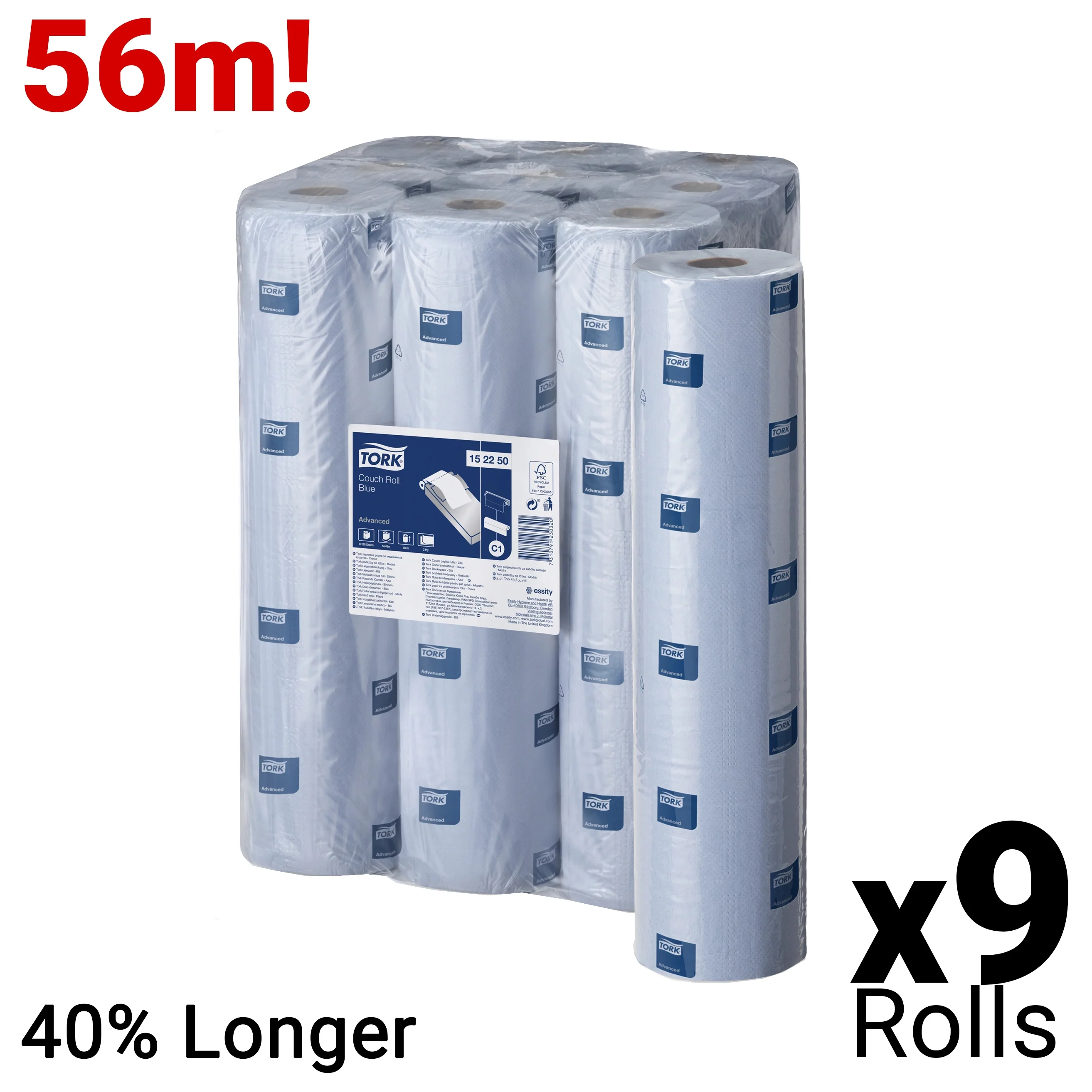 Tork Perforated Couch Roll Blue C1, Advanced, 2-ply, 9 x 54.5m, 152250 - Image 4