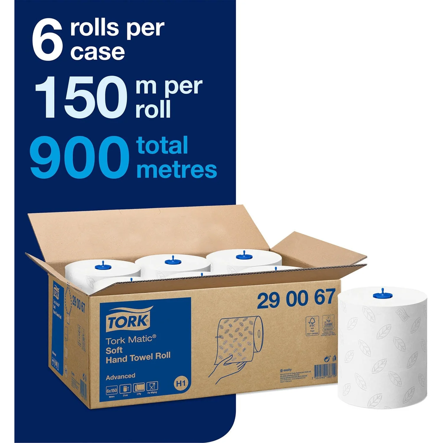 Tork Matic® Soft Paper Hand Towels White with Grey Leaf H1, Advanced, Absorbent, 6 Rolls x 150 m, 290067 - Image 8