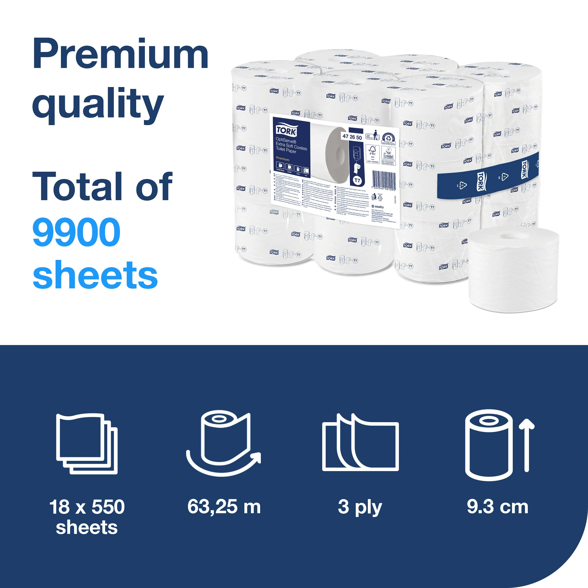 Tork OptiServe® Extra Soft Coreless Toilet Paper White T7, Premium, 3 Ply, 18 x 550 sheets, 472650 - Image 4