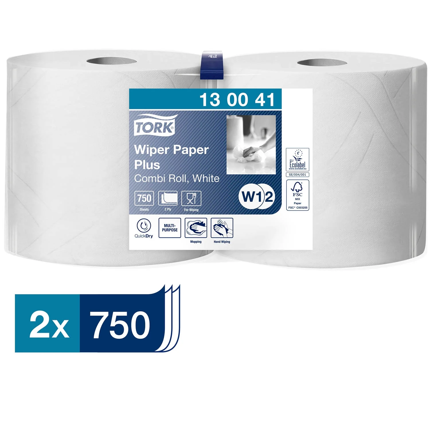 Tork Wiping Paper Plus White 2Ply - 130041 - 2 Rolls x 750 Sheets - Image 5