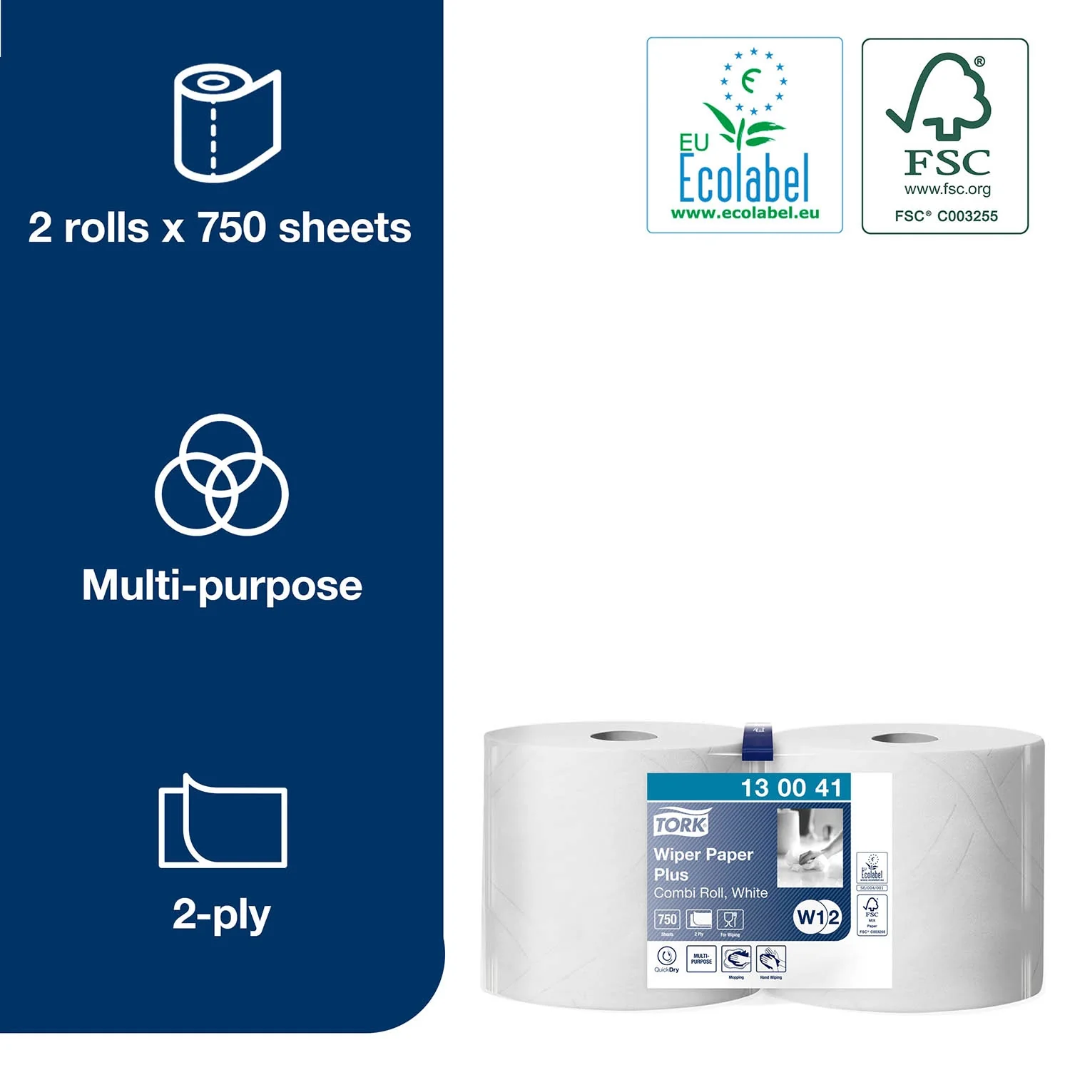Tork Wiping Paper Plus White 2Ply - 130041 - 2 Rolls x 750 Sheets - Image 6