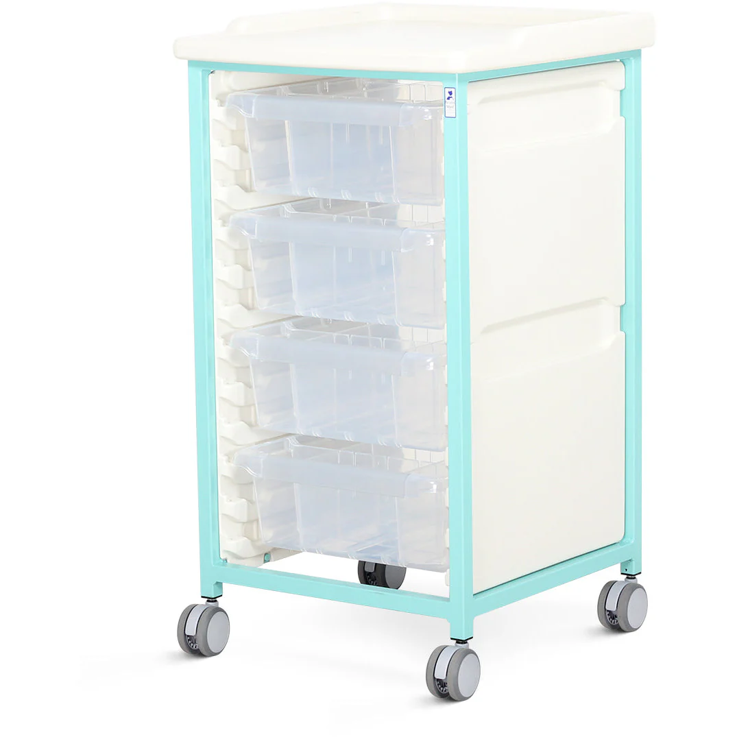 Tray Trolley - Standard Level - Single Column (Milded Steel) - 4 Deep Drawers