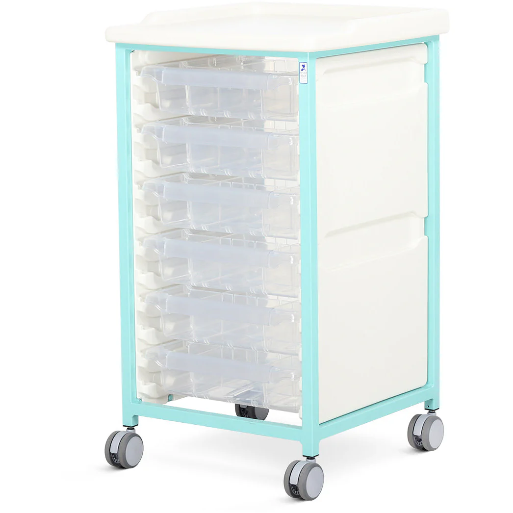 Tray Trolley - Standard Level - Single Column (Milded Steel) - 6 Small Drawers
