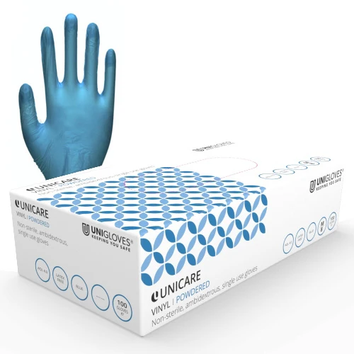 Unicare Soft Blue Powdered Vinyl Gloves - Small - Box Of 100