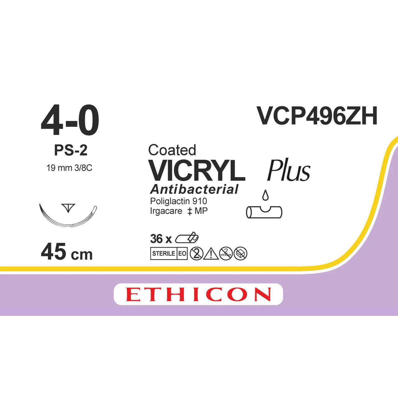 VCP496ZH Vicryl Plus Undyed 4-0 45cm 19mm 3/8 Reverse Cutting Prime