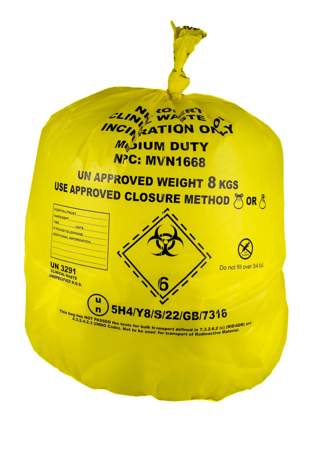 Yellow - Medium Duty Clinical Waste Bag - Large 90L - Roll of 25